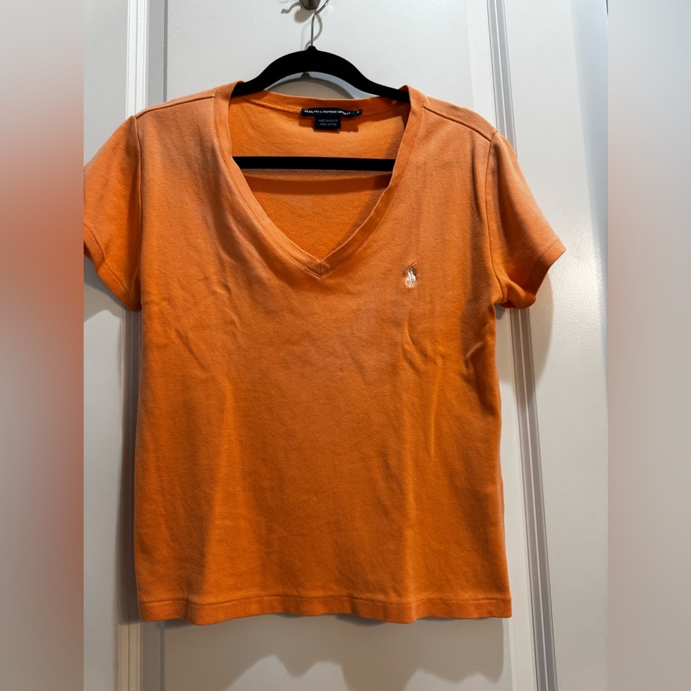 Ralph Lauren Sports Orange Vneck Tee Large Short Sleeve Armpit To Armpit 18”